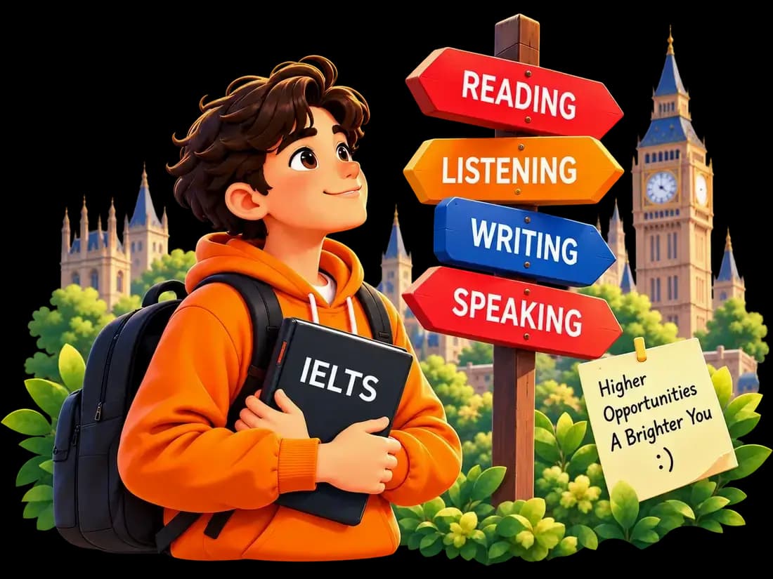 Student with an IELTS book looking at Reading, Listening, Writing and Speaking signs
